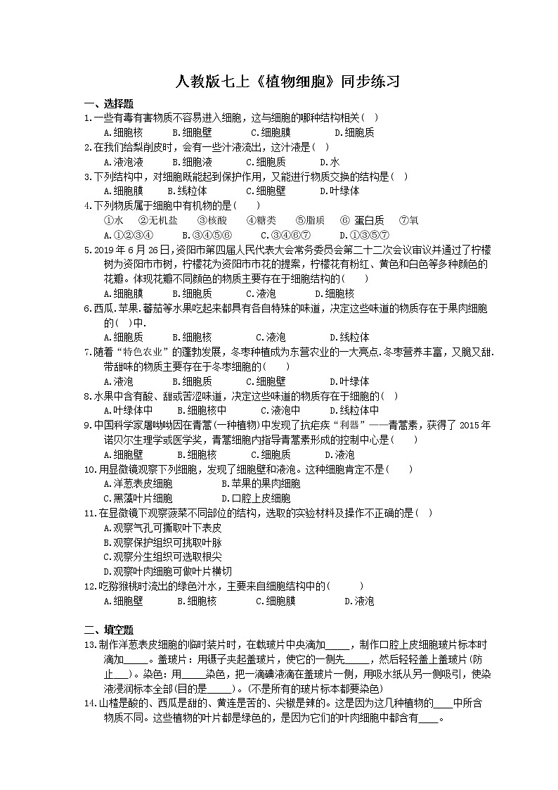 2020年人教版生物七上《植物细胞》同步练习(含答案)01