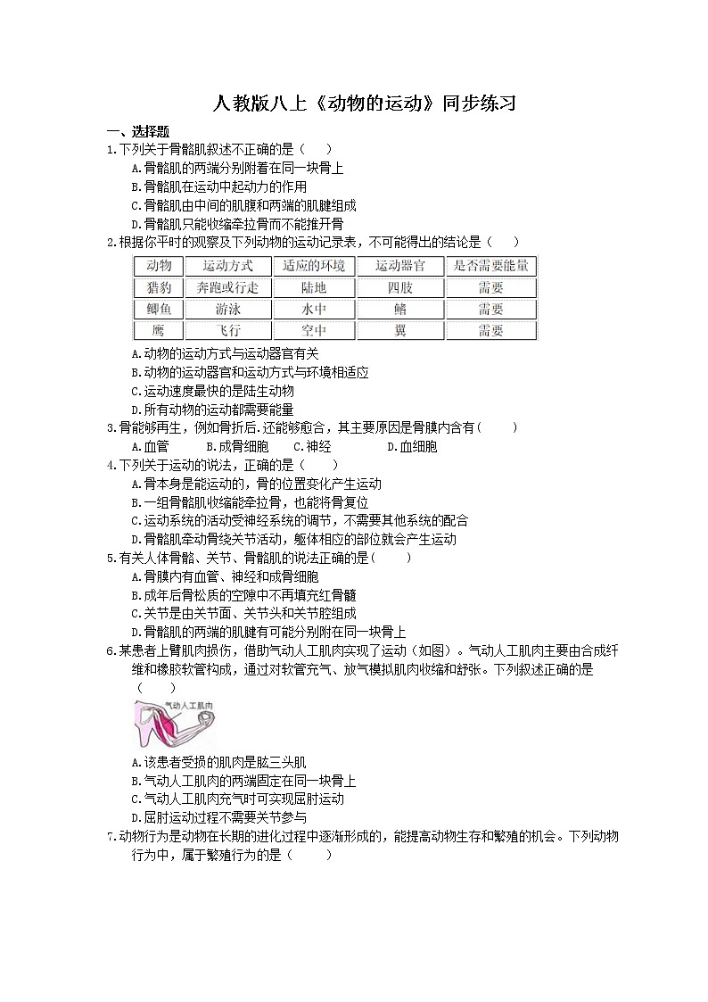人教版生物八上《动物的运动》同步练习(含答案)01