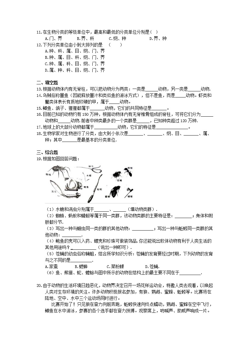人教版生物八上《尝试对生物进行分类》同步练习(含答案)02