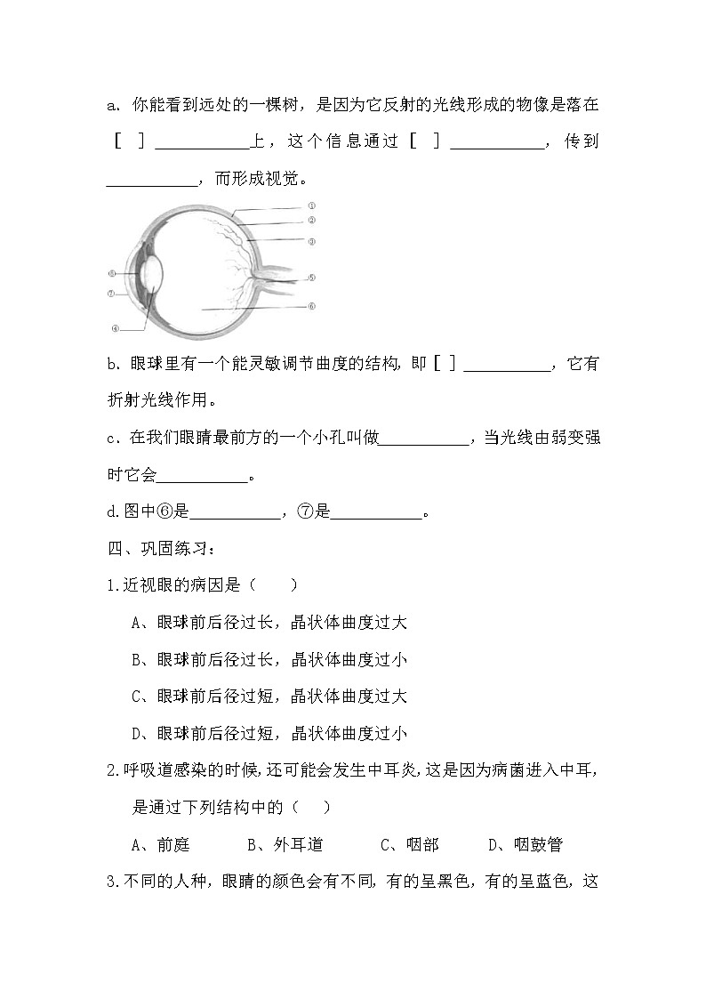 2021年人教版 七年级生物下册 第6章第1节  人体对外界环境的感知 学案03