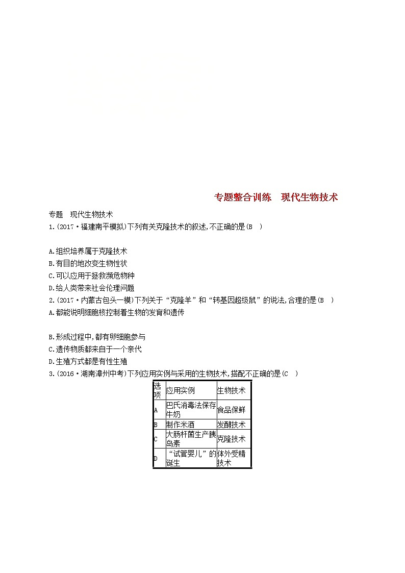2021年济南版八年级生物下册专题整合训练现代生物技术(含答案)01