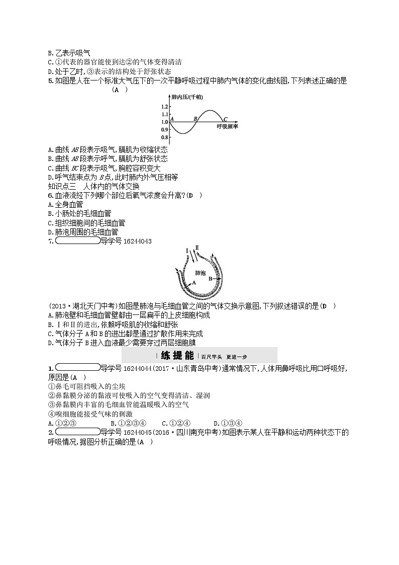 济南版七年级生物下册3.2.1人体与外界的气体交换 检测(含答案)02