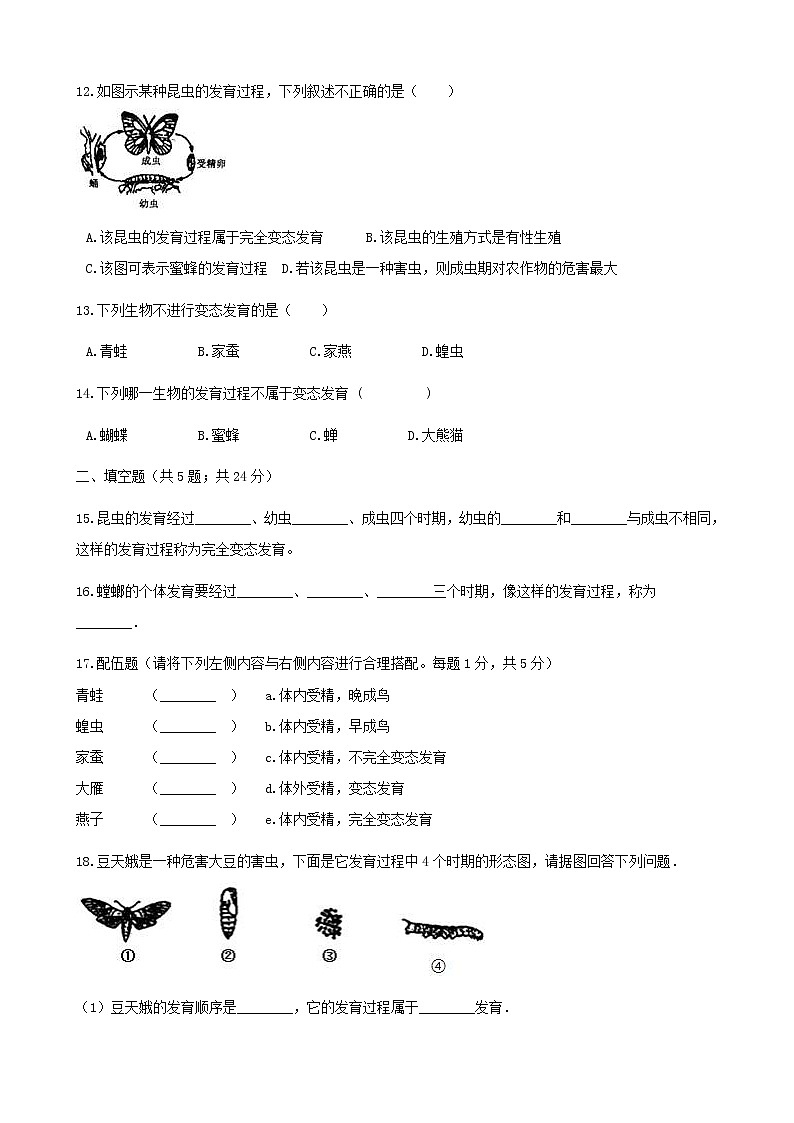 2021年人教版八年级生物下册 第1章第2节 昆虫的生殖和发育 同步测试(含答案)03