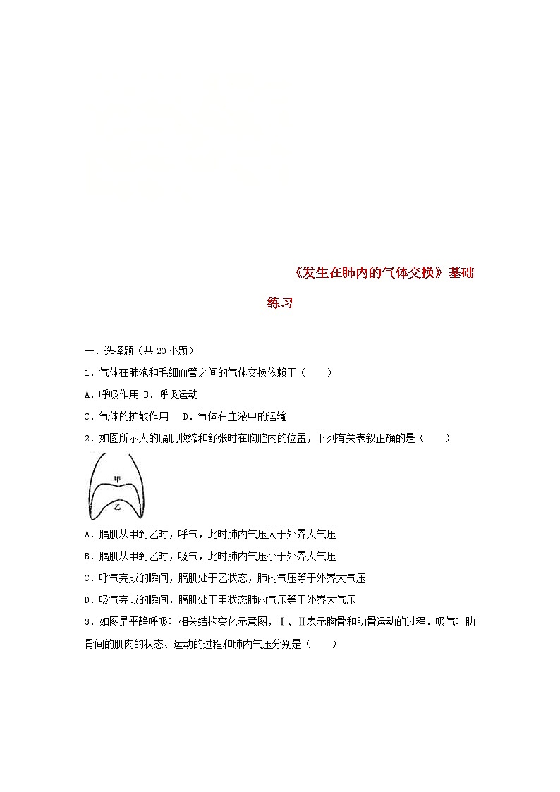 2021年人教版七年级生物下册 第3章第2节 发生在肺内的气体交换 基础练习(含答案)01
