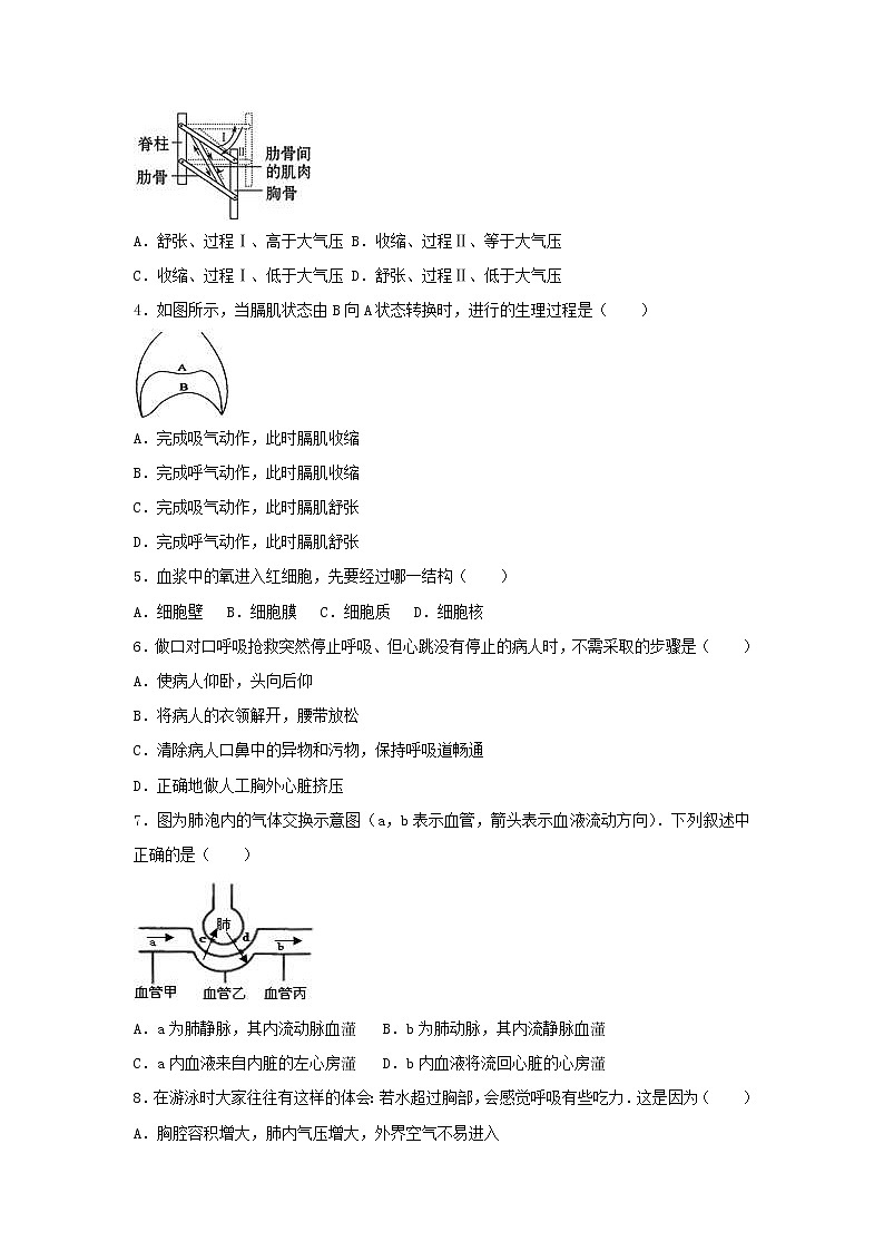 2021年人教版七年级生物下册 第3章第2节 发生在肺内的气体交换 基础练习(含答案)02