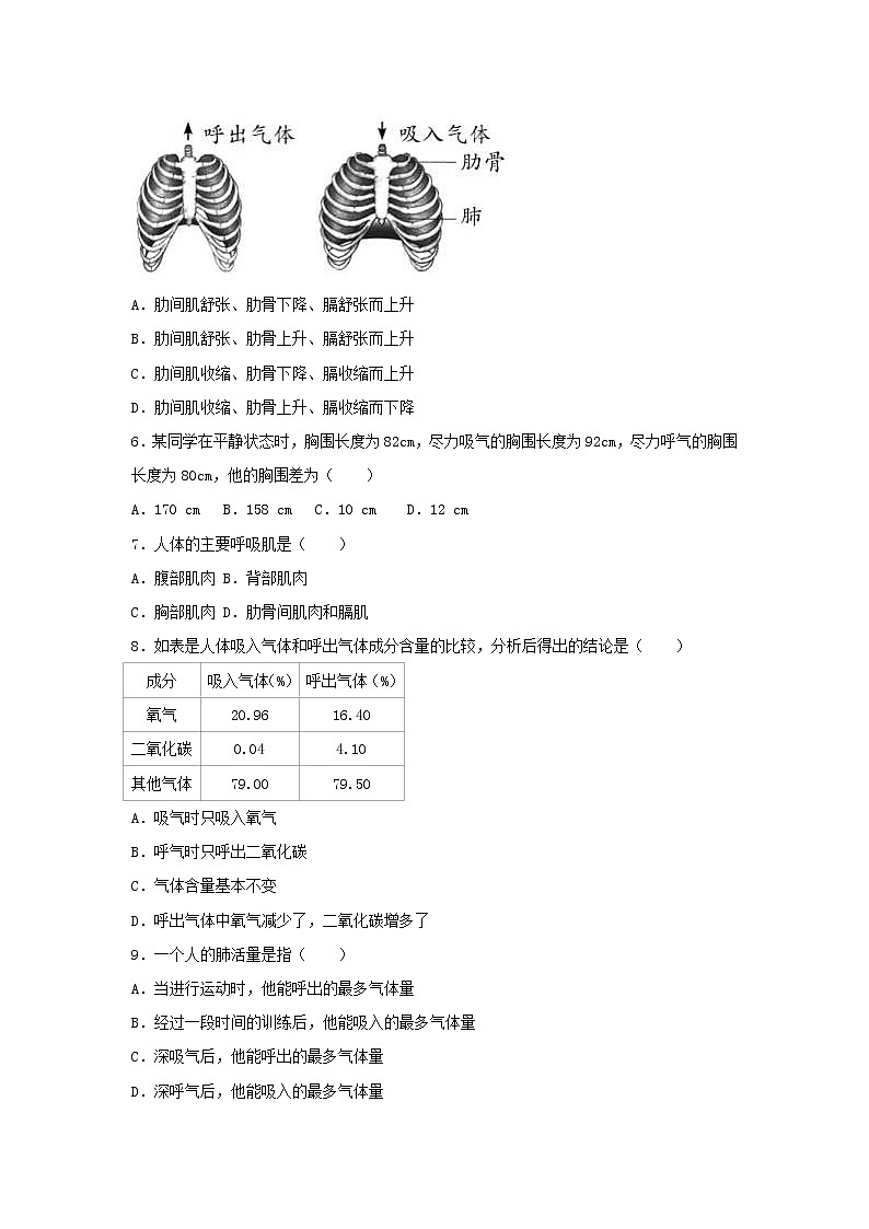 2021年人教版七年级生物下册 第3章第2节 发生在肺内气体交换 提升题(含答案)02