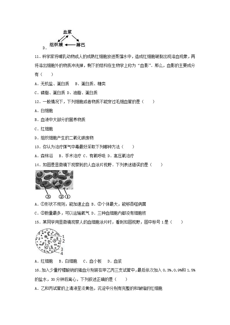 2021年人教版七年级生物下册 第4章第1节 流动的组织-血液 尖子生题(含答案)03