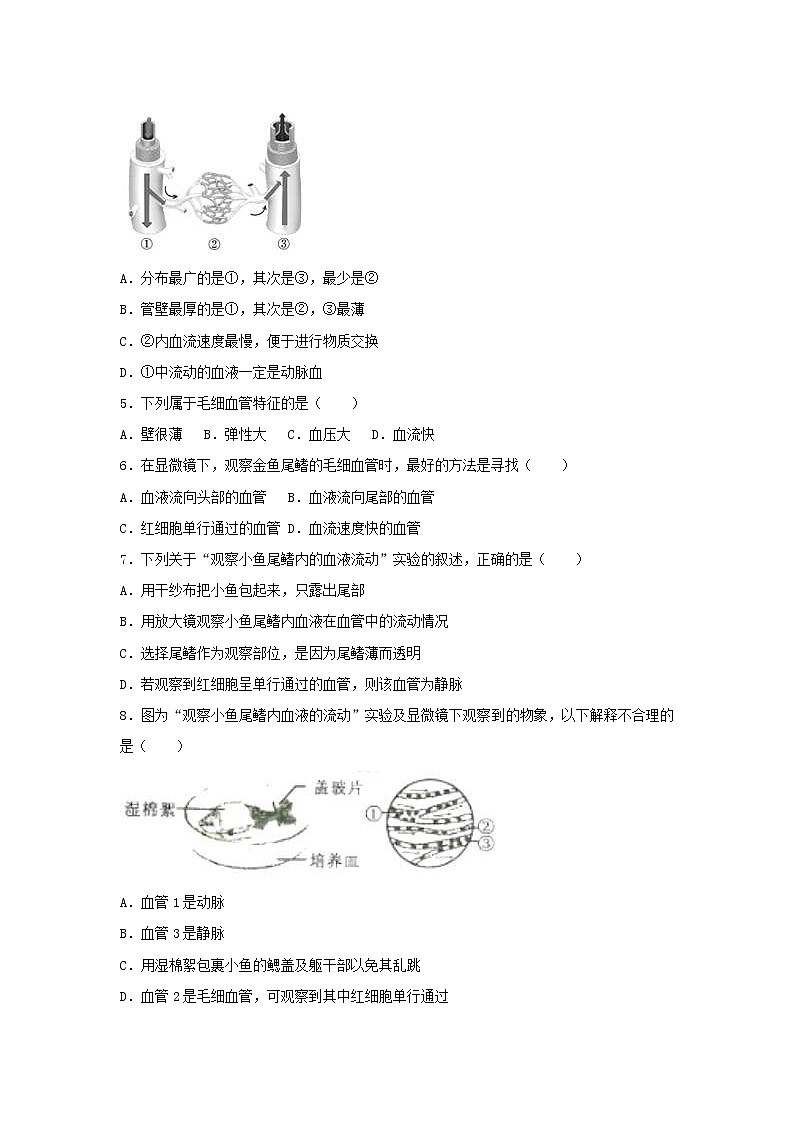 2021年人教版七年级生物下册 第4章第1节 血流的管道-血管 提升题(含答案)02