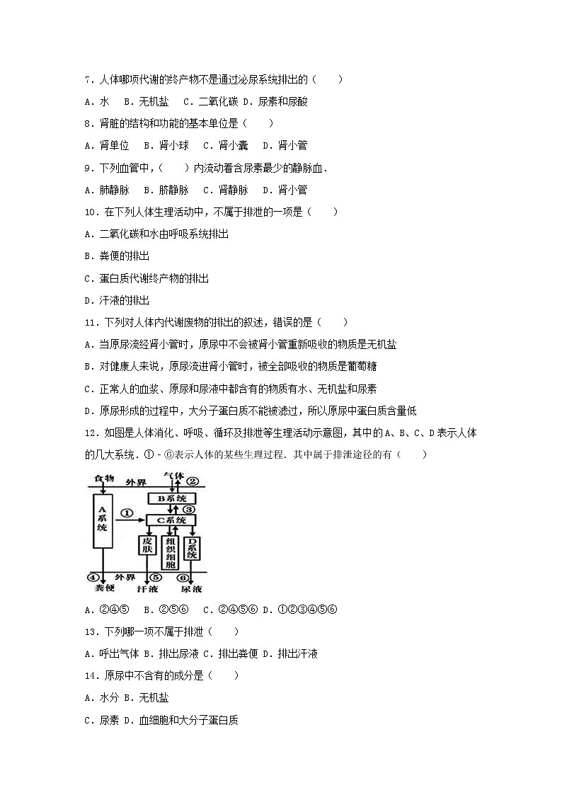 2021年人教版七年级生物下册 第5章 人体内废物的排出  基础练习(含答案)02
