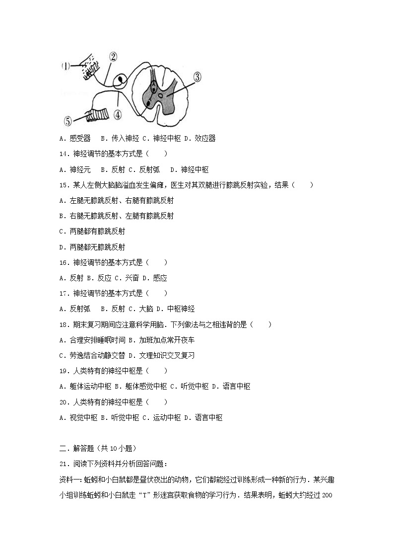 2021年人教版七年级生物下册 第6章第3节 神经调节的基本方式 基础练习(含答案)03