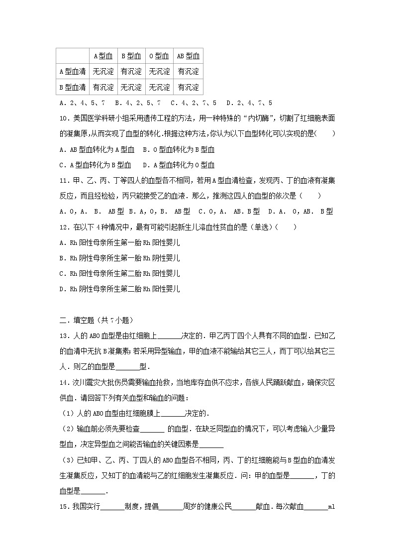 2021年人教版七年级生物下册 第4章第4节 输血与血型 尖子生题(含答案)03