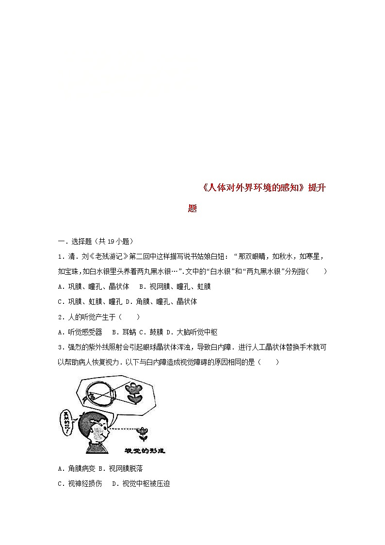 2021年人教版七年级生物下册 第6章第1节 人体对外界环境的感知 提升题(含答案)01