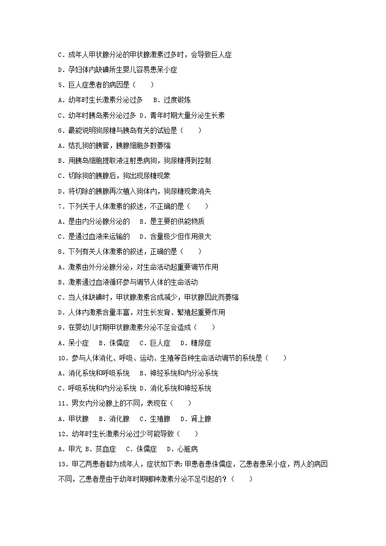 2021年人教版七年级生物下册 第6章第4节 激素调节 提升题(含答案)02