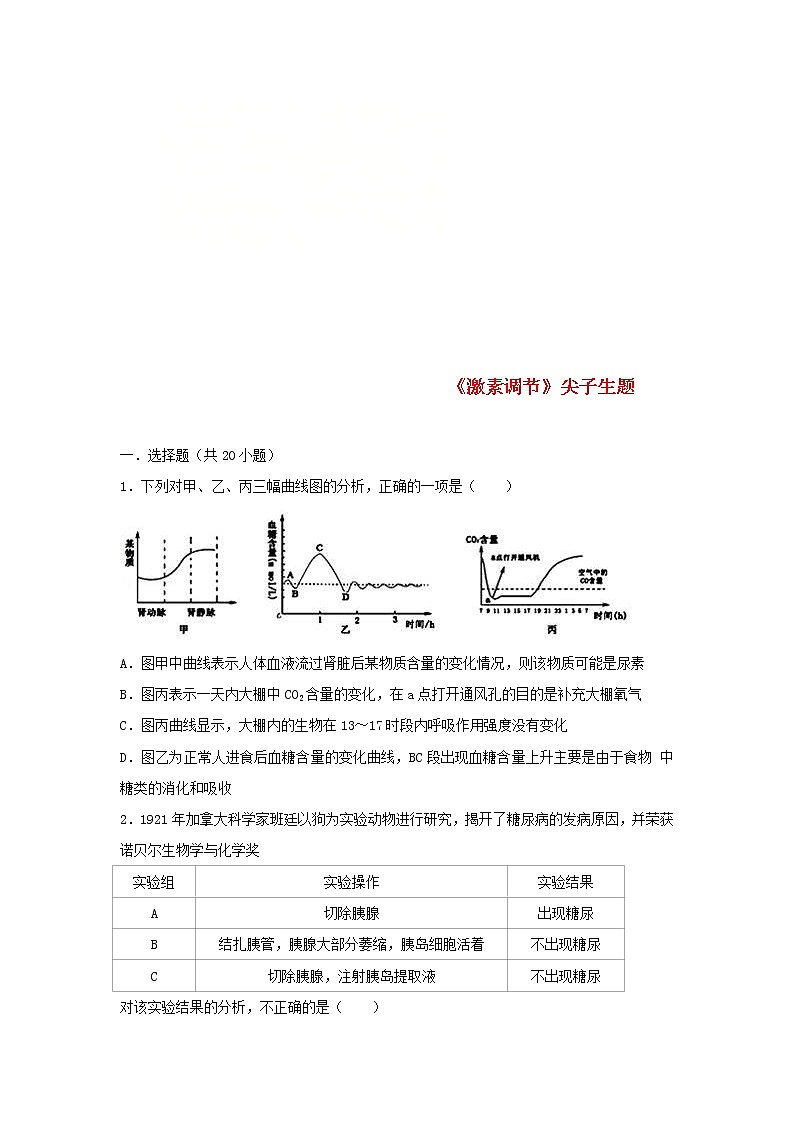 2021年人教版七年级生物下册 第6章第4节 激素调节 尖子生题(含答案)01