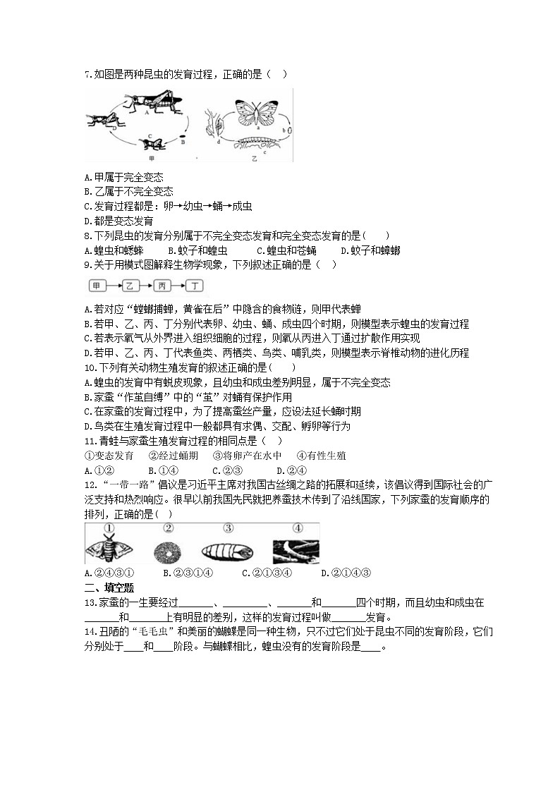 2021年人教版生物八年级下册7.1.2《昆虫的生殖和发育》精选练习 (含答案)02
