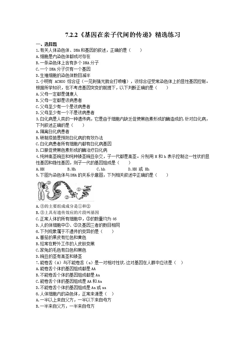 2021年人教版生物八年级下册7.2.2《基因在亲子代间的传递》精选练习 (含答案)01