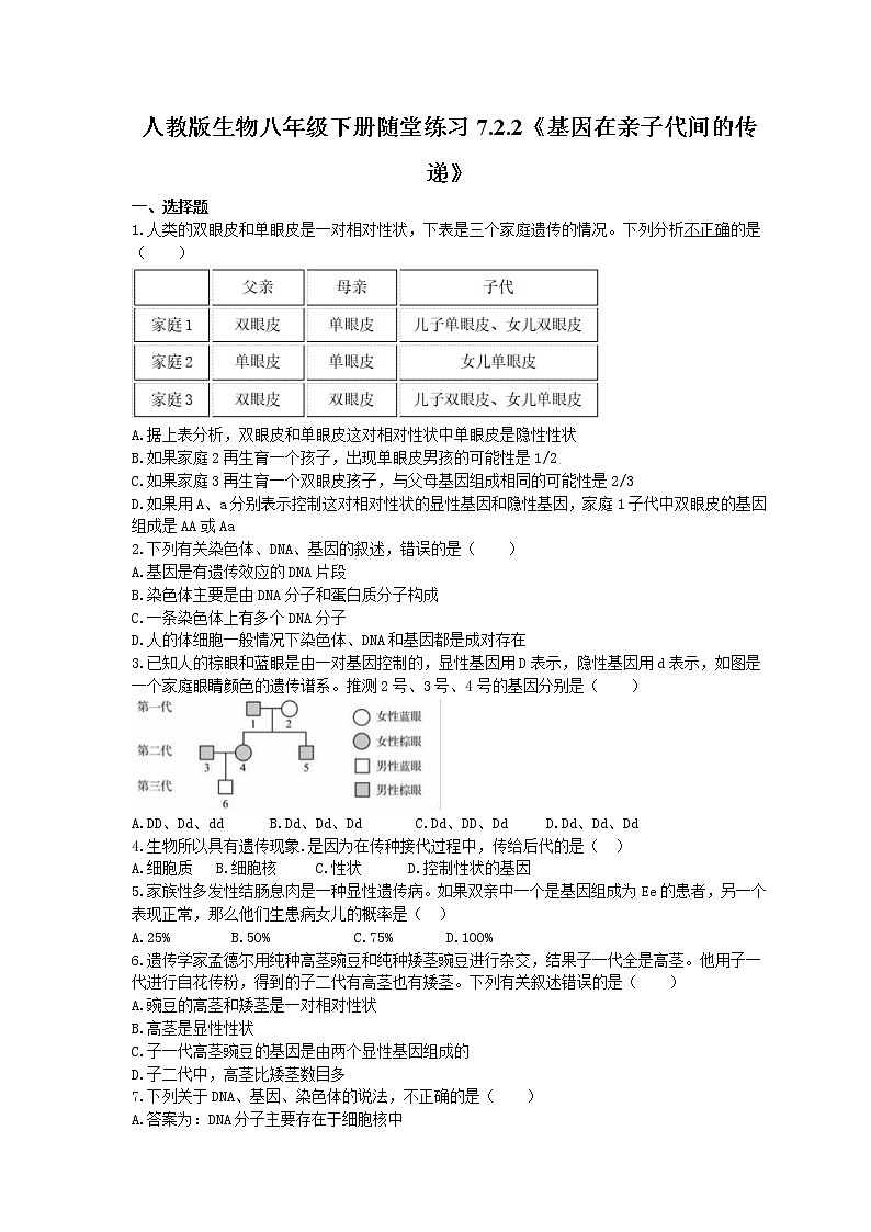 2021年人教版生物八年级下册7.2.2《基因在亲子代间的传递》随堂练习(含答案)01