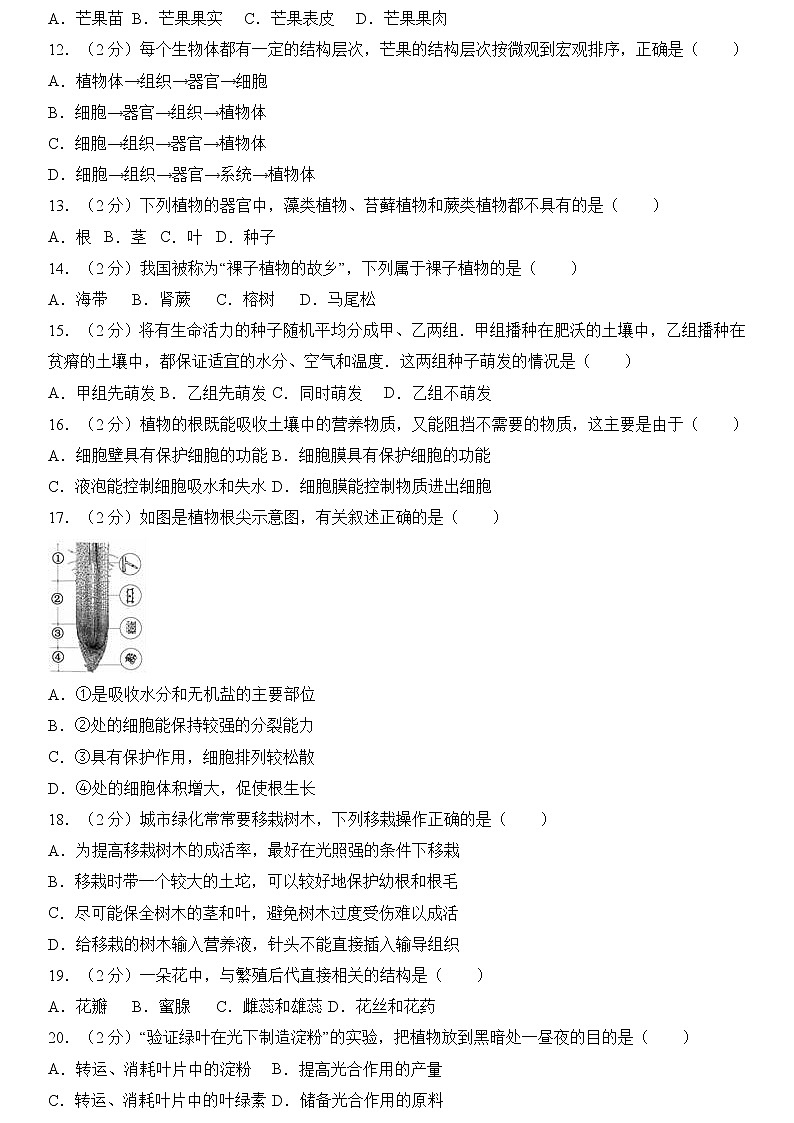 人教版七年级（上）期末生物试卷（解析版）02