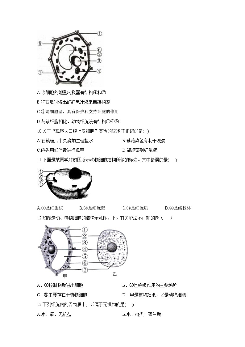 2020-2021学年七年级上册生物人教版期末复习单元知识检测 第二单元 第一章细胞是生命活动的基本单位03