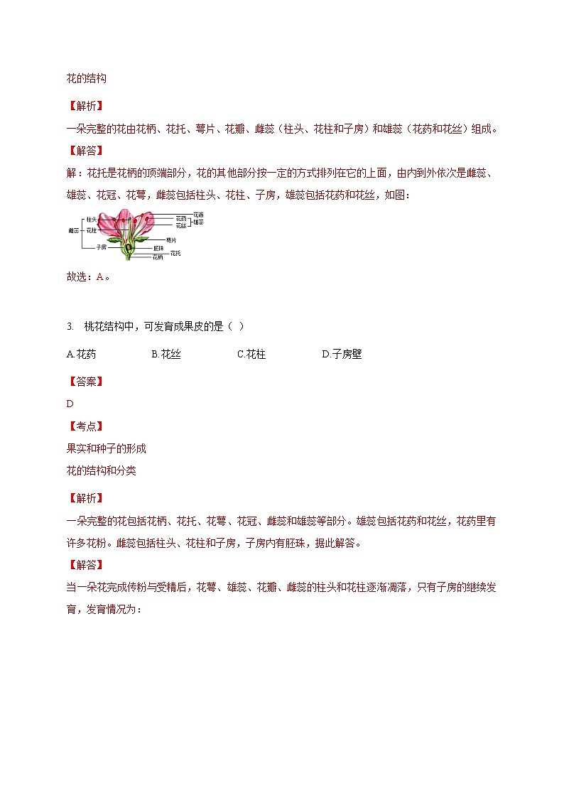 苏教版生物八年级下册 植物的有性生殖 作业 试卷练习02