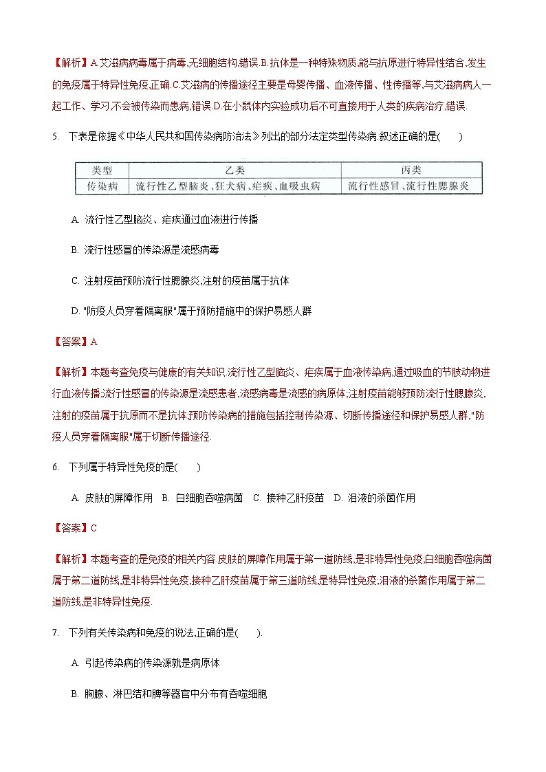 24.1 人体的免疫防线第2课时（练习）（解析版）03