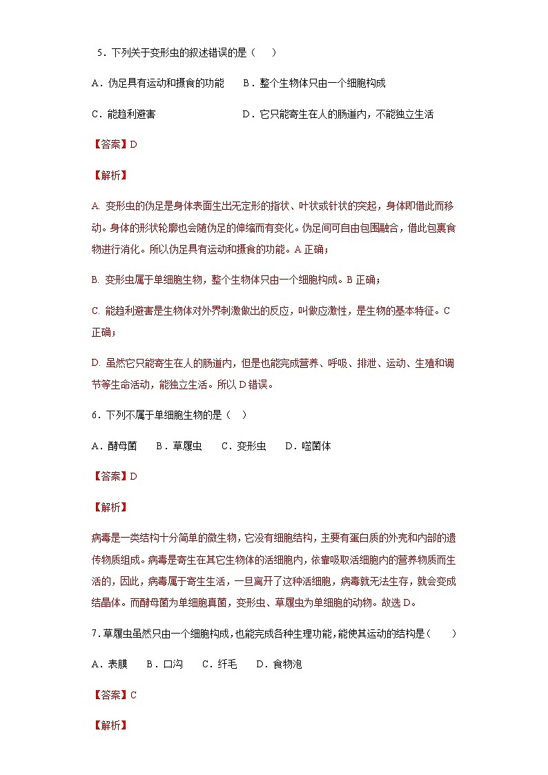 9.3 单细胞的生物体（练习）（解析版）03