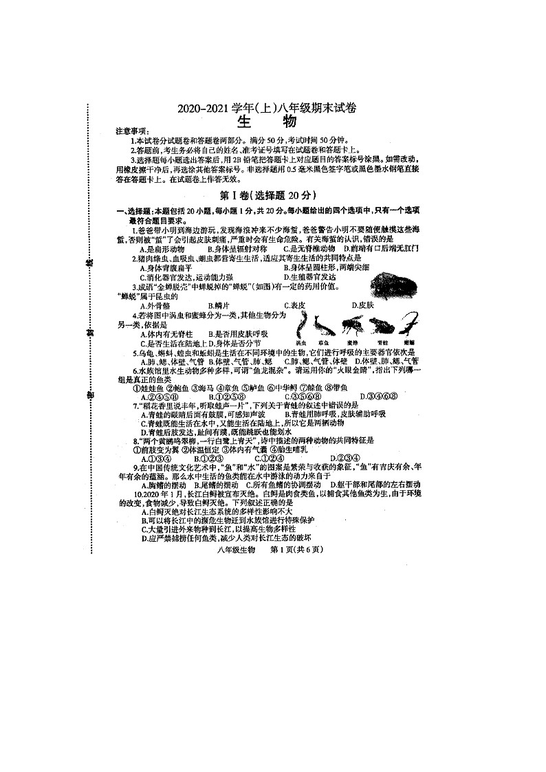 焦作市2020-2021学年八年级上学期期末考试生物试题01