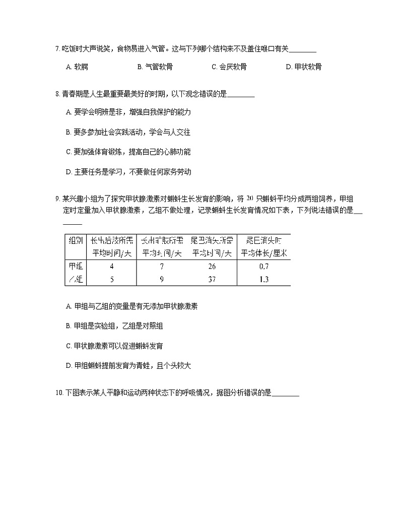 2021年人教版生物七下期末考试试卷第2页