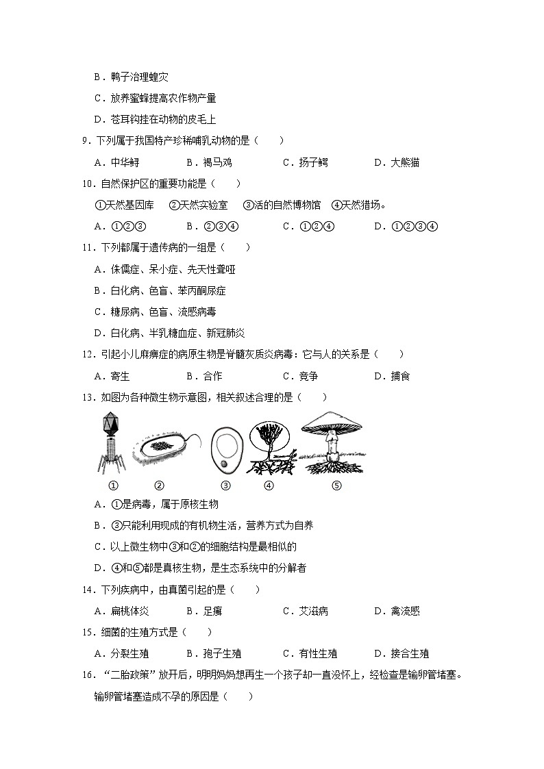 2020-2021学年广东省揭阳市普宁市八年级（上）期末生物试卷   解析版02