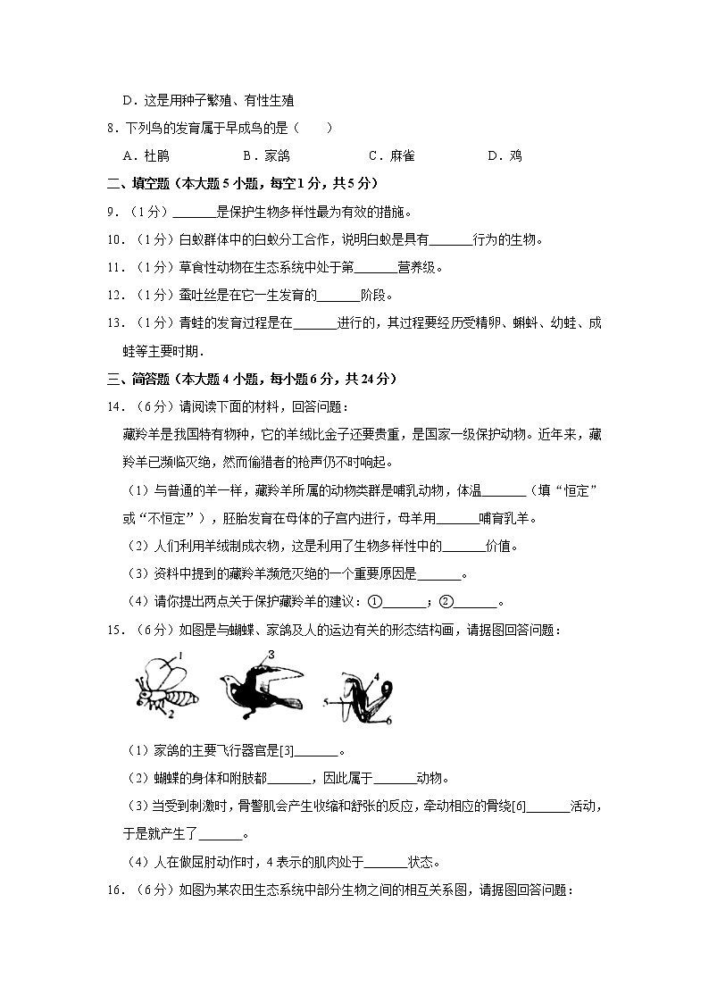 2020-2021学年甘肃省酒泉市瓜州县八年级（上）期末生物试卷    解析版02