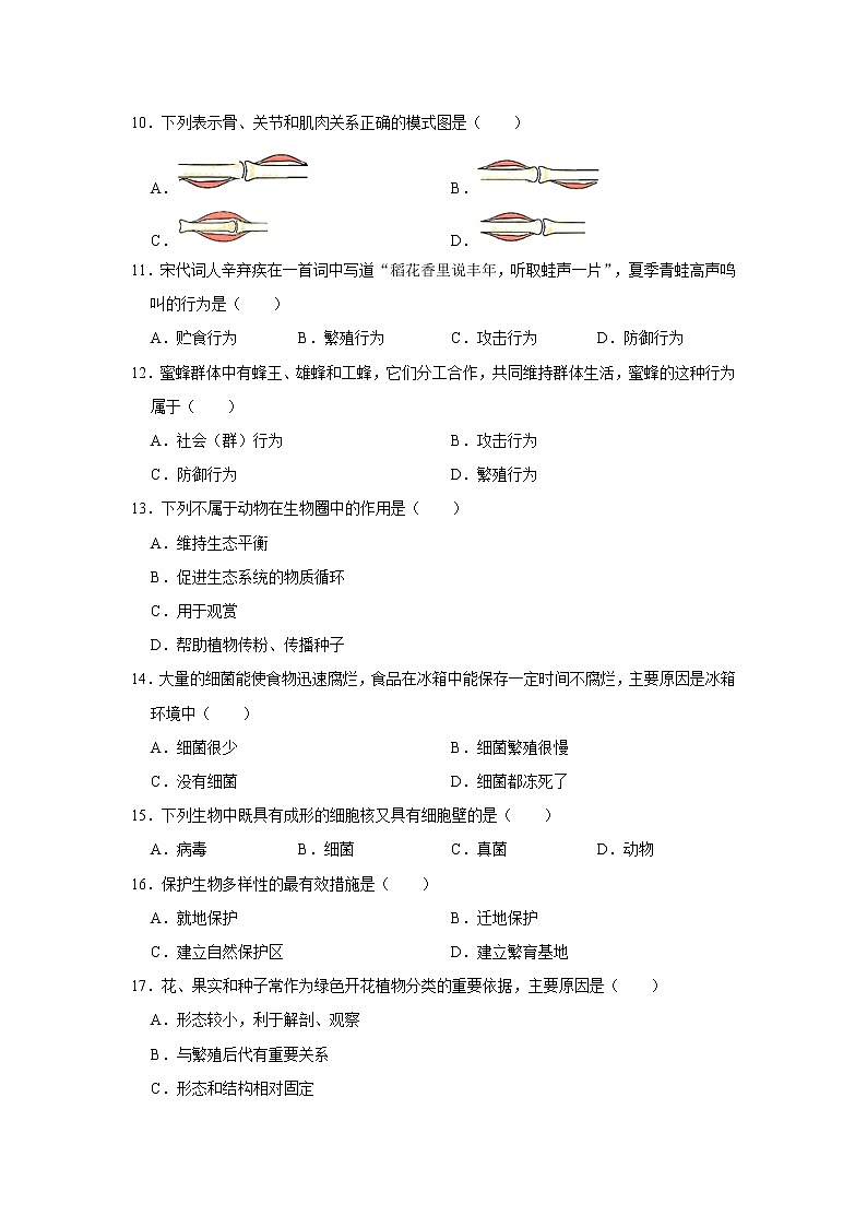 2020-2021学年湖南省邵阳市邵阳县八年级（上）期末生物试卷   解析版02