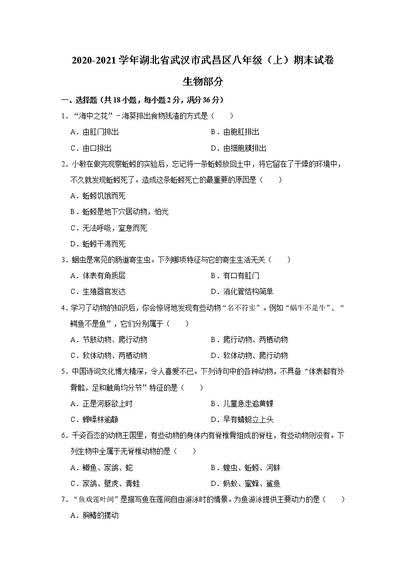 2020-2021学年湖北省武汉市武昌区八年级（上）期末生物试卷    解析版01