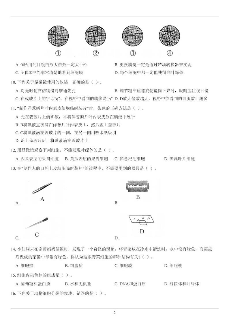 人教版七年级上册生物选择题综合专练75题（无答案）02