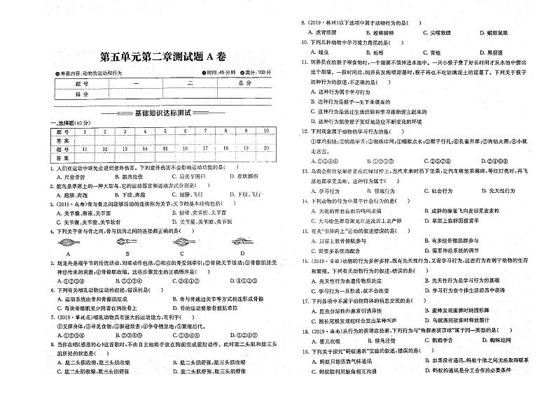 八年级生物上册第五单元生物圈中的其他生物第二章动物的运动和行为测试题pdfA卷无答案新版新人教版01