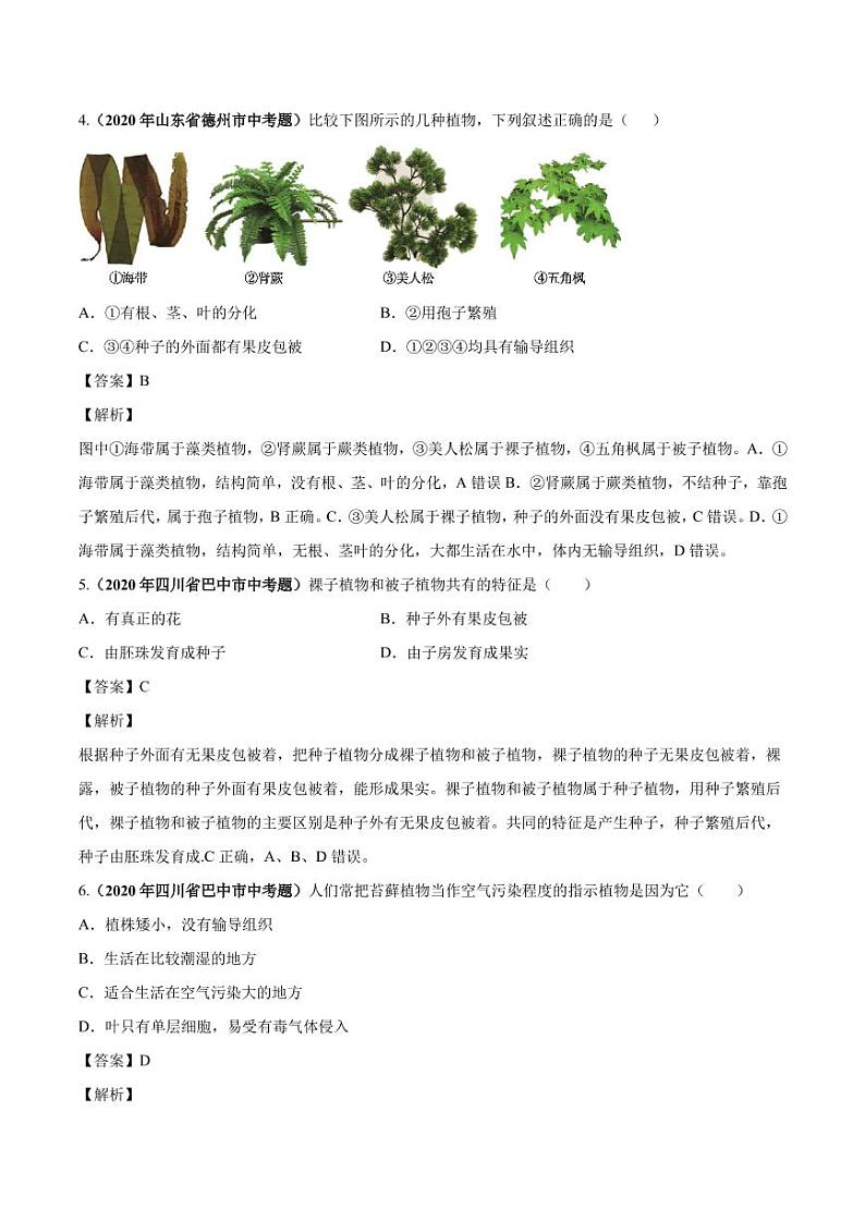 2020_2021学年中考生物真题汇编植物动物和微生物类群pdf02