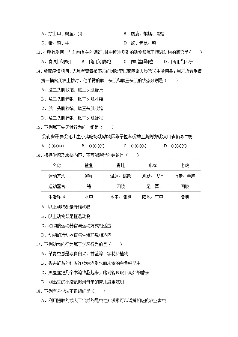 2020-2021学年广东省佛山市高明区八年级（上）期末生物试卷    解析版03