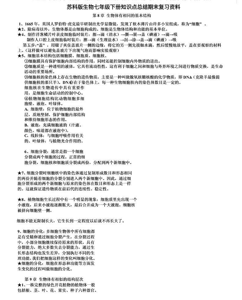 【苏科版】七年级生物下册知识点总结复习资料01