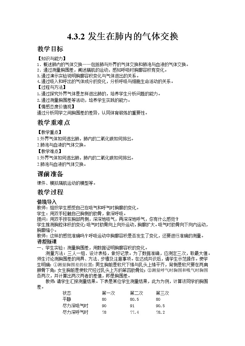 人教版七年级生物下册4.3.2发生在肺内的气体交换教案01