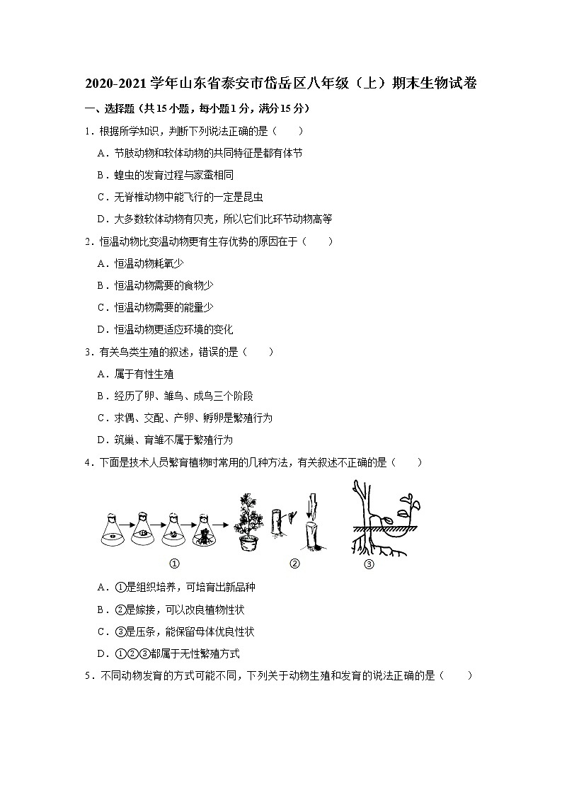2020-2021学年山东省泰安市岱岳区八年级（上）期末生物试卷     解析版01