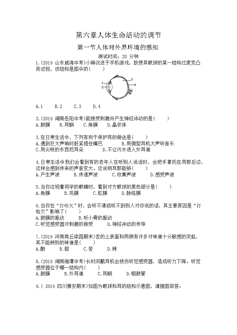 人教版生物七年级下册第四单元第六章第一节《人体对外界环境的感知》同步检测试卷第1页