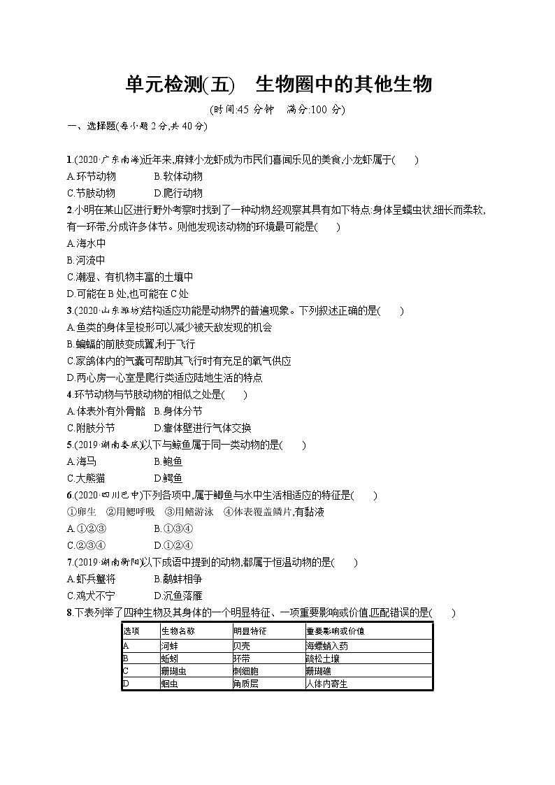 2021年中考生物总复习单元检测(五)　生物圈中的其他生物第1页