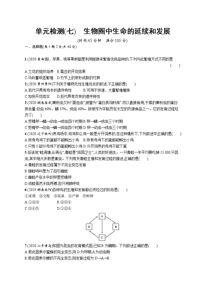 2021年中考生物总复习单元检测(七)　生物圈中生命的延续和发展第1页