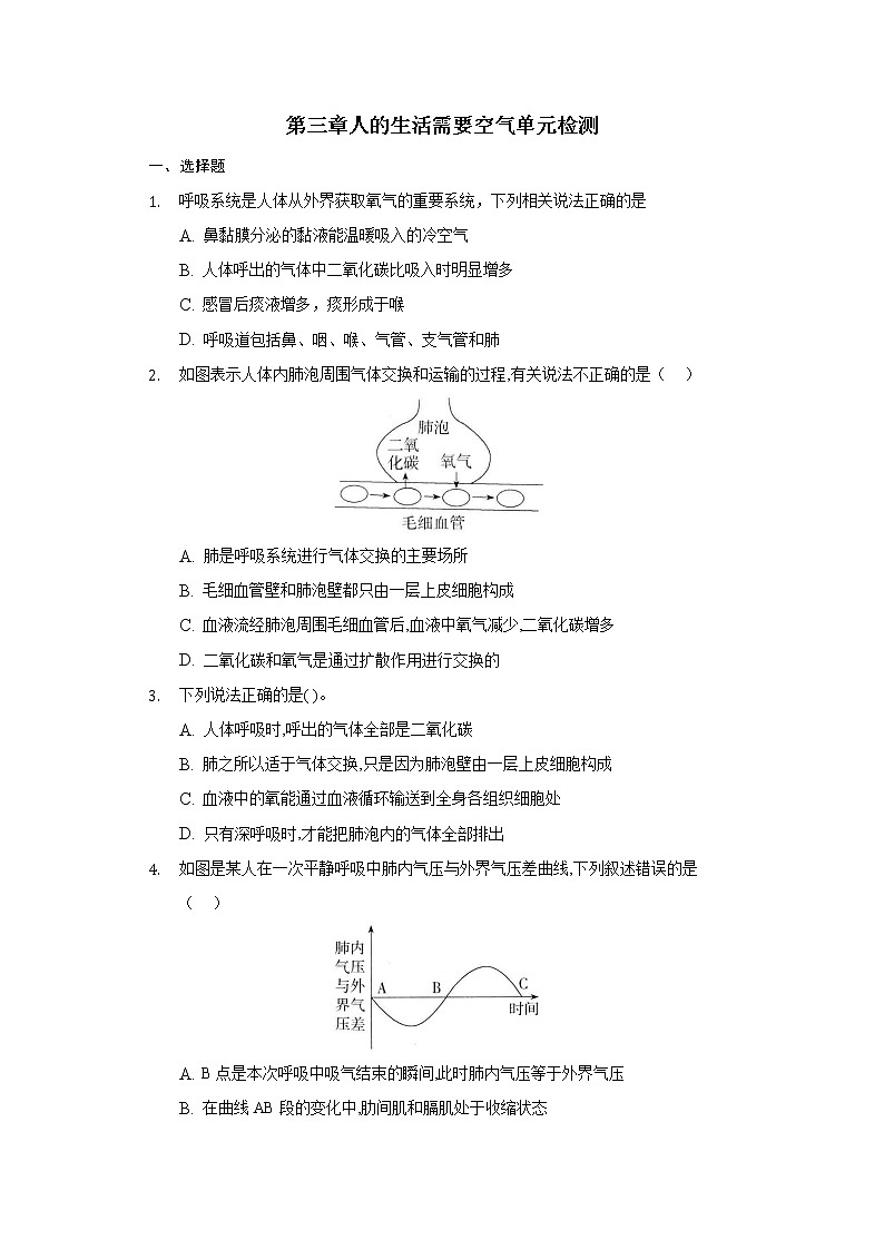 试卷 济南版生物七年级下册第三章《人的生活需要空气单元检测》第1页
