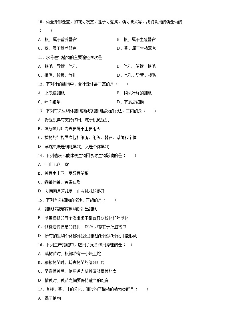 试卷 河南省三门峡市义马市2020-2021学年七年级上学期期末生物试题（word版含答案）03