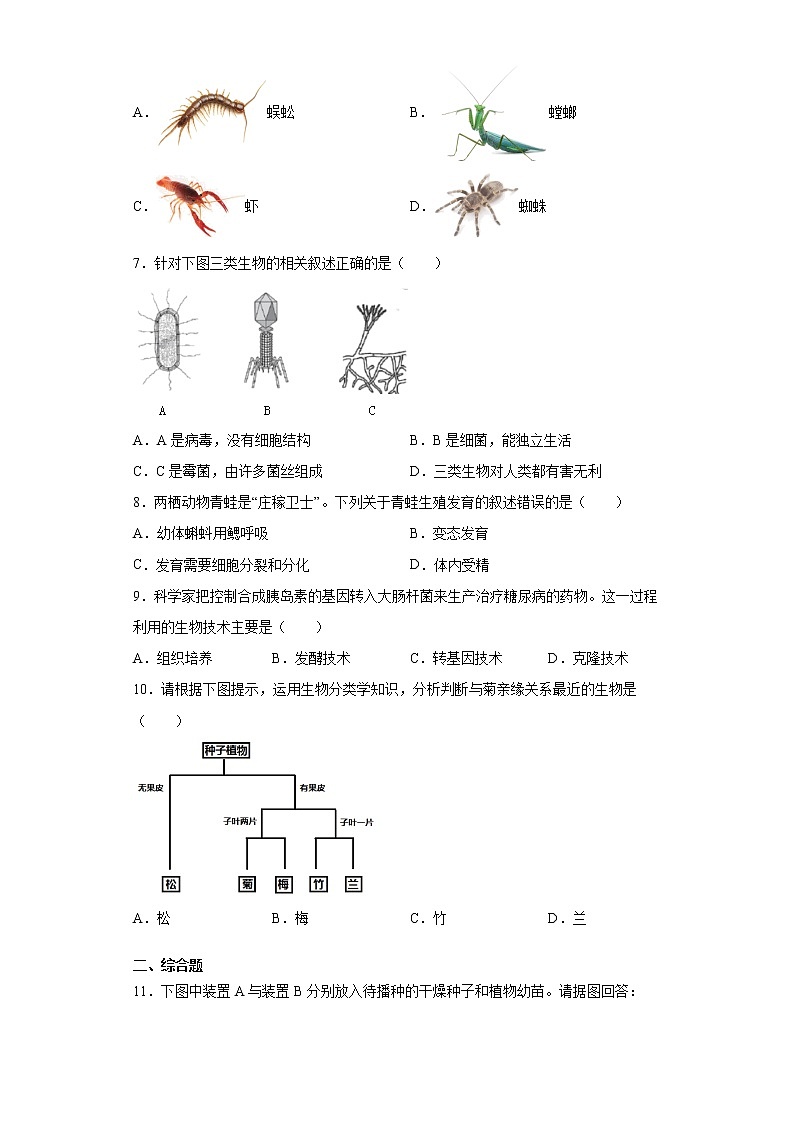 试卷 安徽省马鞍山市2020-2021学年八年级上学期期末生物试题（补考）（word版含答案）02