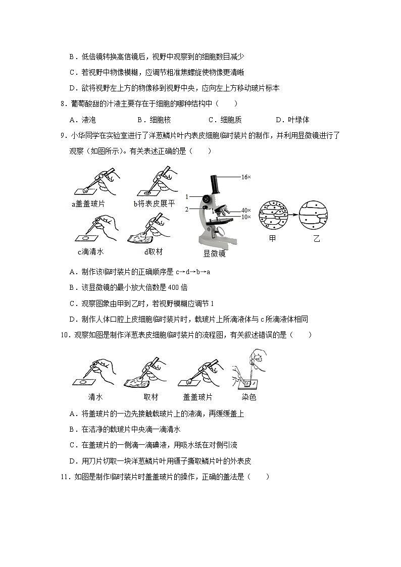 试卷 广东省生物中考总复习人教版生物七年级上册 第二单元 第1章 细胞是生命活动的基本单位（解析版）02