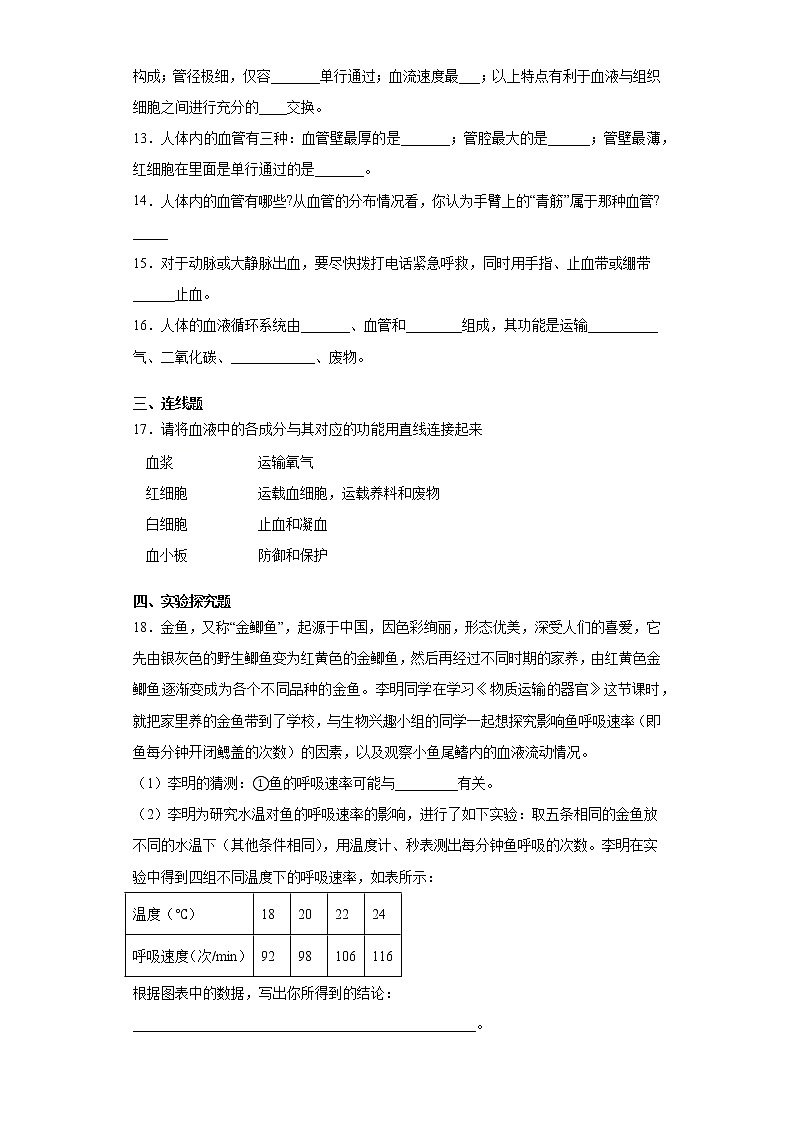 济南版生物七年级下册《人体内的物质运输》测试卷（含答案）第3页
