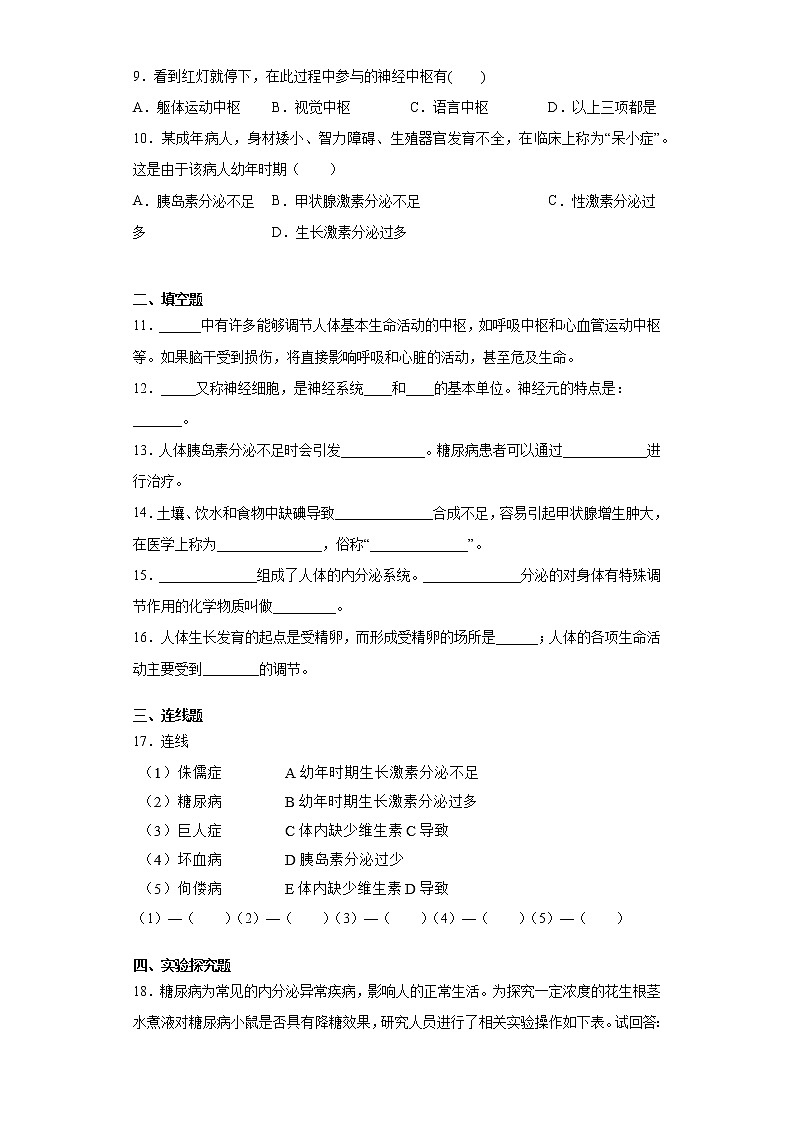 2020-2021学年鲁科版生物七年级下册第四单元第六章《人体生命活动的调节》测试卷（含答案）02