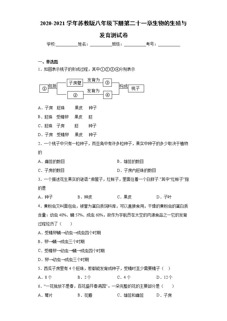 2020-2021学年苏教版生物八年级下册 第二十一章《生物的生殖与发育》测试卷（含答案）01