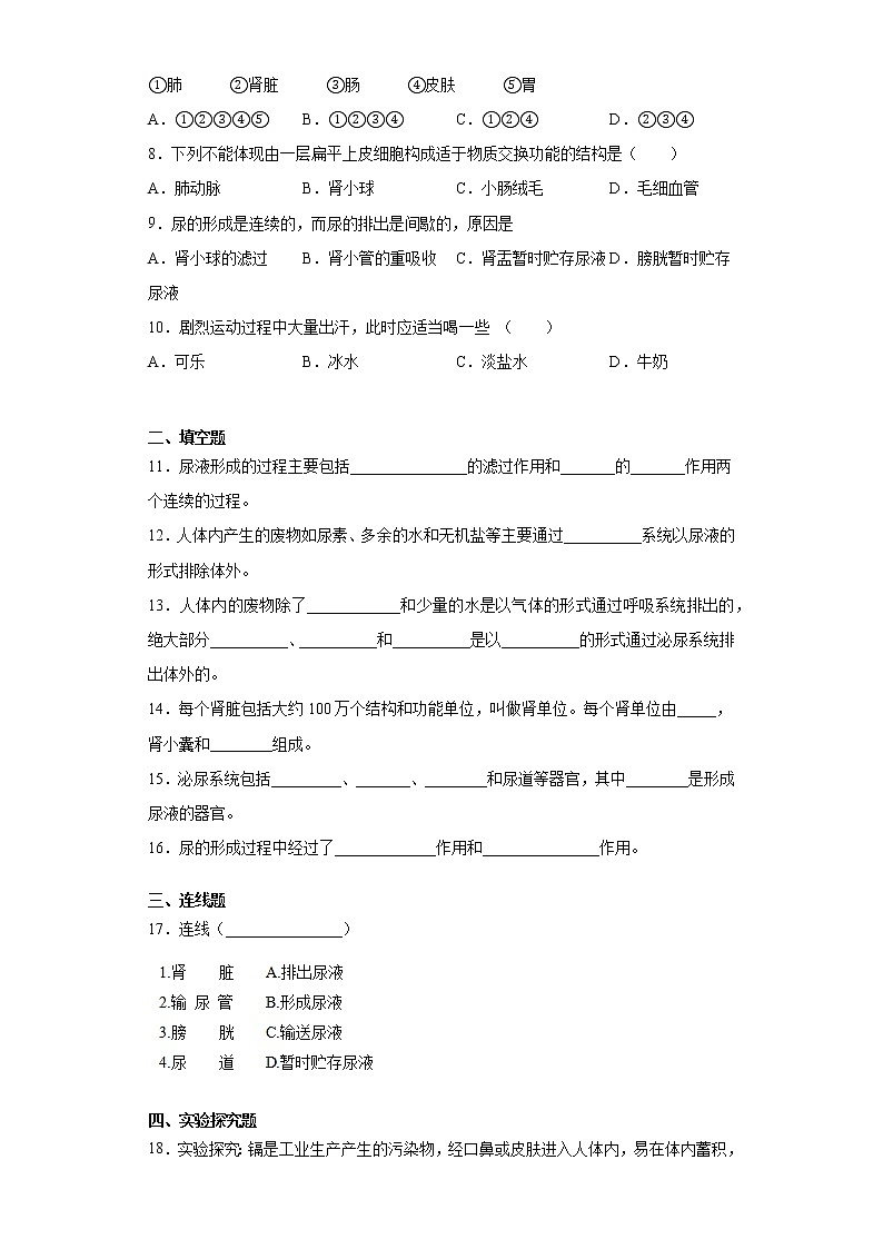 2020-2021学年京改版生物七年级下册第七章 《生物的排泄》测试卷（含答案）02